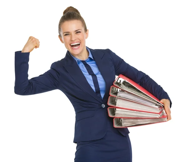 Business woman with stack of folders — Stock Photo, Image