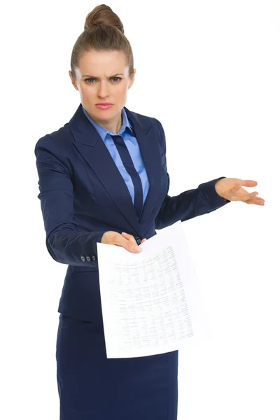 Displeased business woman with document — Stock Photo, Image