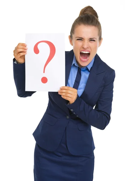Business woman showing paper with question mark — Stock Photo, Image