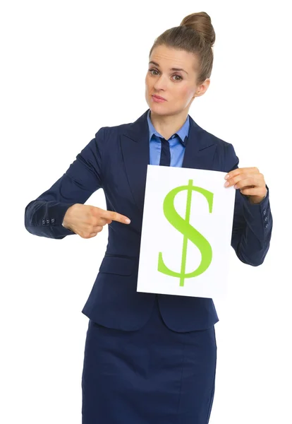 Businesswoman pointing on paper with dollar sign — Stock Photo, Image