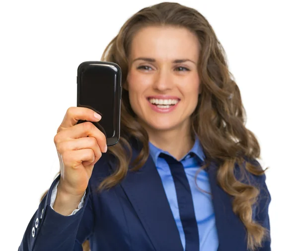Business woman taking photo with cell phone — Stock Photo, Image