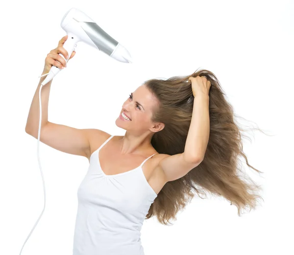 Happy young woman blow-dry — Stock Photo, Image