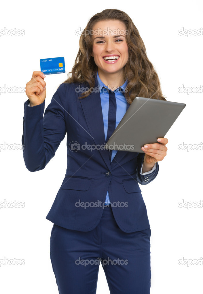 Business woman showing credit card