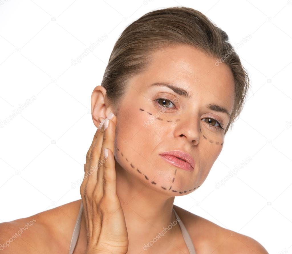 Concerned woman with plastic surgery marks