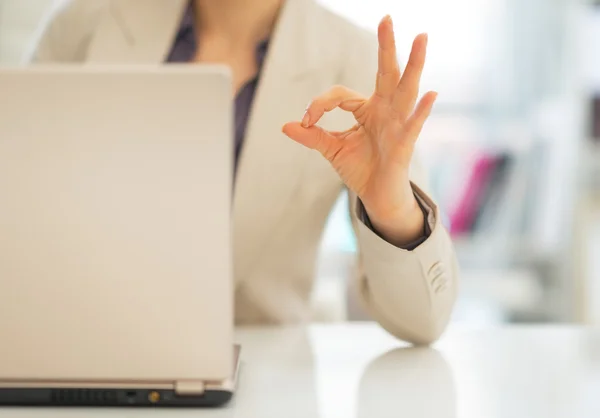 Mujer de negocios con ordenador portátil que muestra ok — Foto de Stock