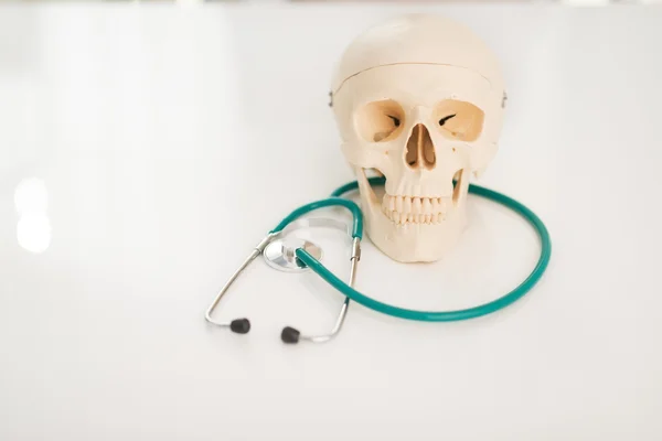 Menschlicher Schädel und Stethoskop — Stockfoto