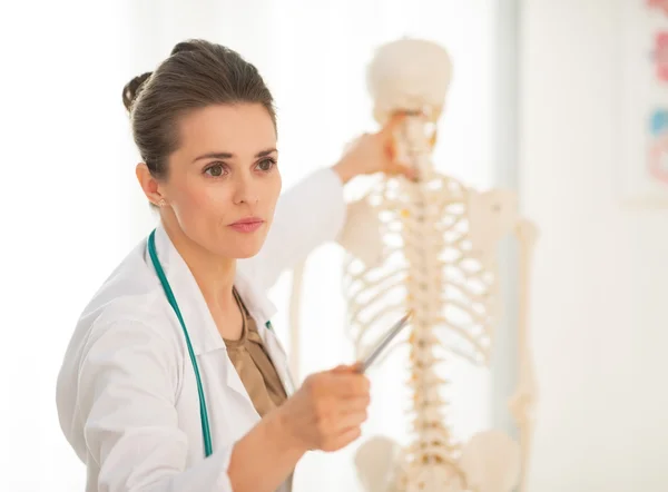 Médico ensinando anatomia usando modelo de esqueleto — Fotografia de Stock