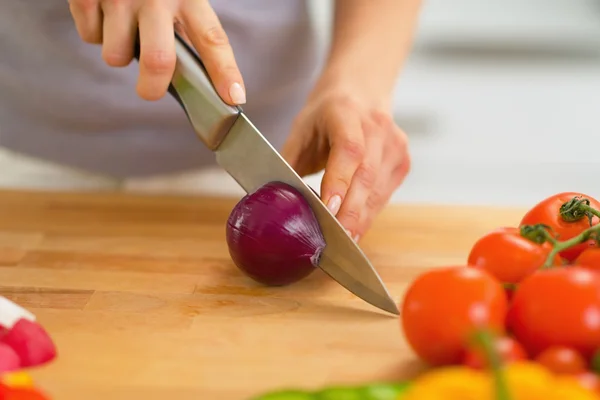 Primer plano de la joven mujer cortando cebolla — Foto de Stock