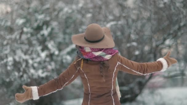 Happy Stylish Woman Brown Hat Scarf Mittens Sheepskin Coat Rejoicing — Stock Video