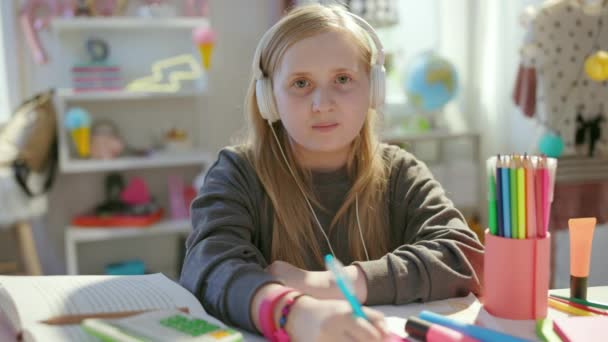 Happy Modern Child Headphones Having Online Education Having Webcam Meeting — Stock Video