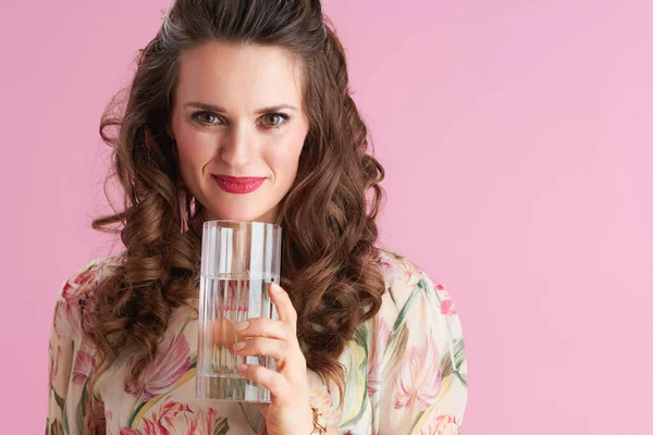 Portrait Stylish Years Old Woman Floral Dress Glass Water Isolated — Zdjęcie stockowe