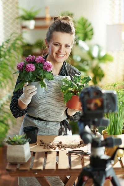 Relaxing home gardening. smiling middle aged woman in white rubber gloves with potted plant records gardening video blog in the modern house in sunny day.