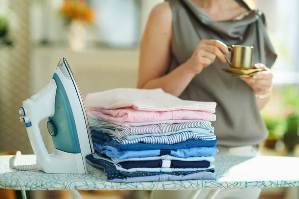 Stylish housewife in silk blouse and beige pants with steam iron, ironing board and pile of folded ironed clothes drinking cup of espresso after housework in the modern living room in sunny day.