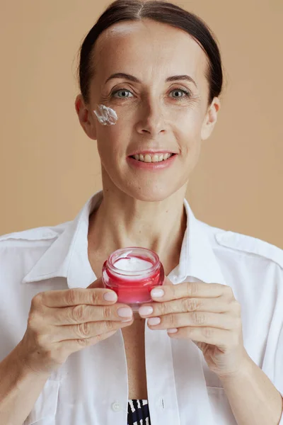 Portrait Smiling Modern Middle Aged Woman Facial Cream Jar White —  Fotos de Stock