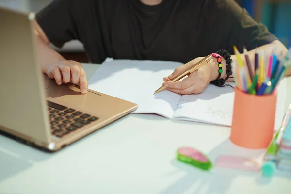 Closeup Pupil Grey Shirt Laptop Workbook Having Distance Education Home — 图库照片