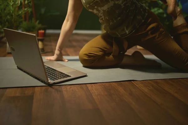 Closeup Female Laptop Doing Yoga Green House — Photo