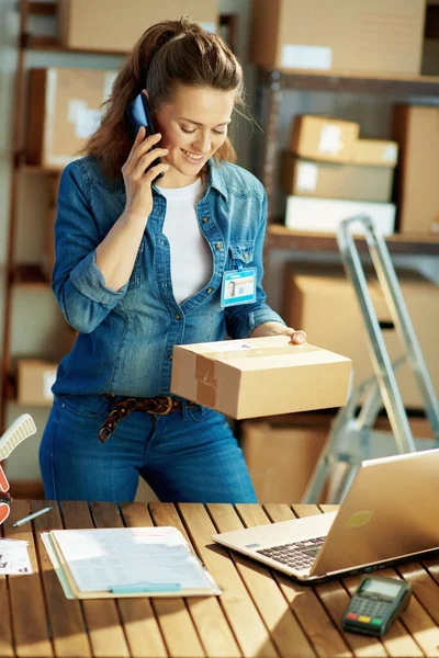 Delivery Business Smiling Young Woman Jeans Laptop Parcels Talking Smartphone — Photo