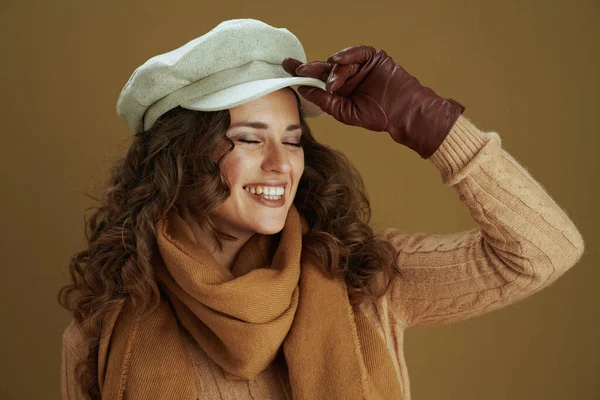 Hello September Smiling Elegant Woman Scarf Leather Gloves Isolated Beige — 스톡 사진