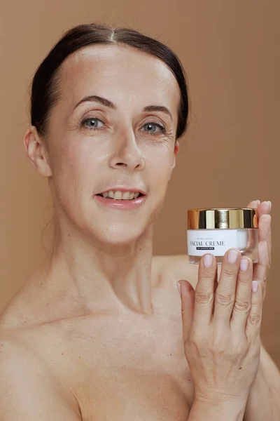 Modern Woman Facial Cream Jar Isolated Beige Background — 图库照片