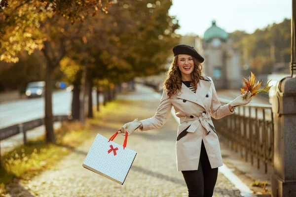 Hello September Happy Young Woman Beige Trench Coat Shopping Bags — Stock Photo, Image