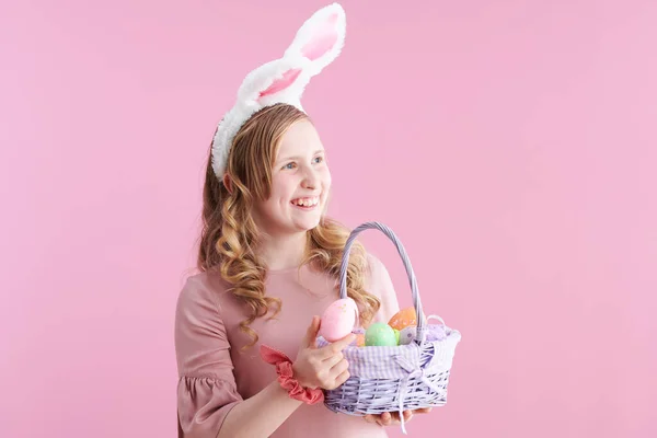 Happy Stylish Child Long Wavy Blond Hair Bunny Ears Basket — ストック写真