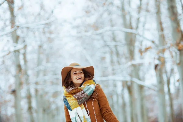 Happy Stylish Female Brown Hat Scarf Mittens Sheepskin Coat Outdoors — Zdjęcie stockowe