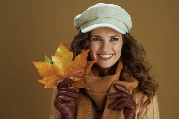 Hello September Smiling Young Woman Scarf Leather Gloves Yellow Autumn — Zdjęcie stockowe