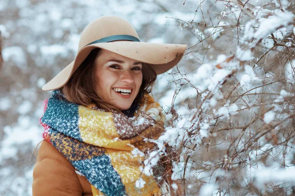 Portrait Femme Élégante Souriante Chapeau Brun Écharpe Extérieur Dans Parc — Photo