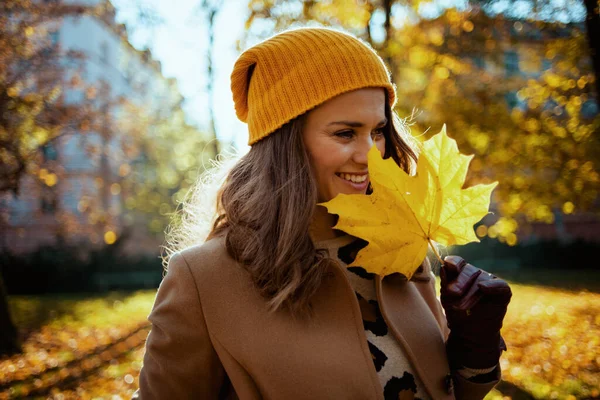 Hello September Smiling Modern Female Brown Coat Yellow Hat Autumn — 图库照片