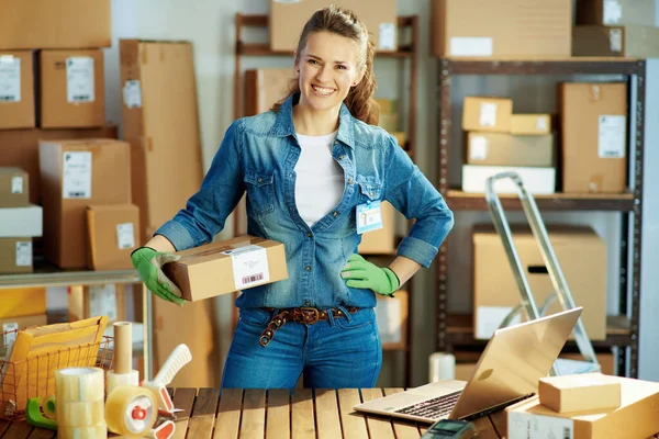 Delivery Business Portrait Smiling Modern Woman Jeans Laptop Parcels Warehouse — Stockfoto