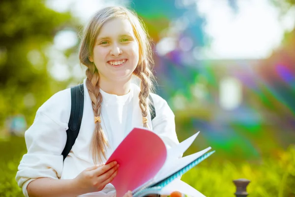 Portrait Happy Trendy Girl White Sweatshirt Workbook Green School Outdoors — Foto Stock