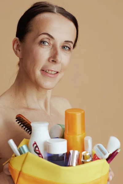 Modern Female Bag Cosmetics Beige Background — Stock fotografie