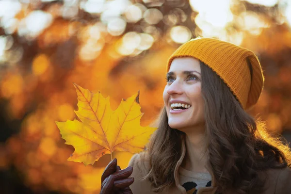Hello October Happy Middle Aged Woman Brown Coat Yellow Hat — Φωτογραφία Αρχείου