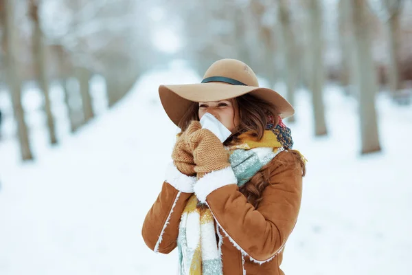 Elegant Woman Brown Hat Scarf Mittens Napkin Blowing Nose Sheepskin — Stok Foto