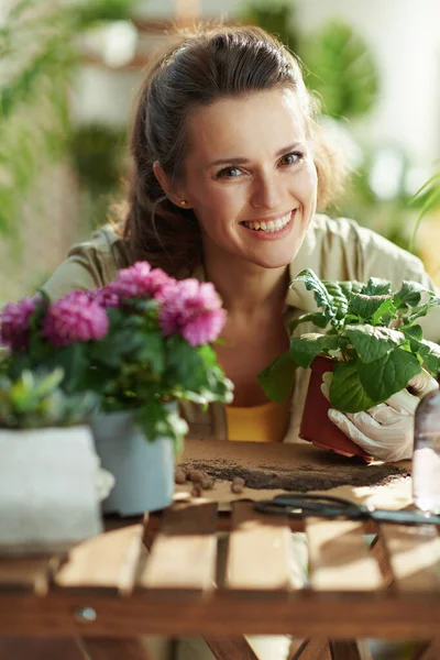 Relaxing home gardening. Portrait of smiling modern woman in white rubber gloves with potted plant at modern home in sunny day.