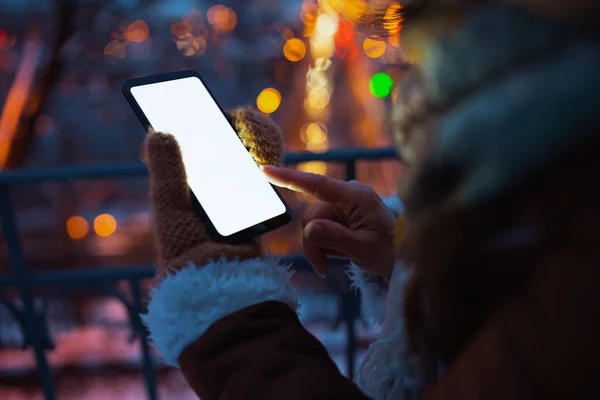 Closeup Female City Park Winter Using Smartphone Applications Night — Foto de Stock