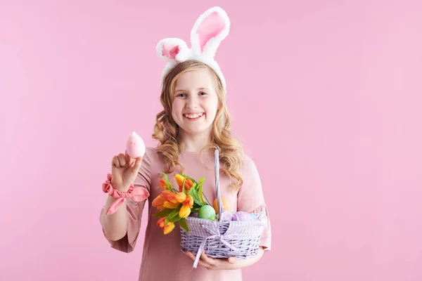 Portrait Smiling Modern Girl Pink Dress Bunny Ears Basket Easter — Φωτογραφία Αρχείου