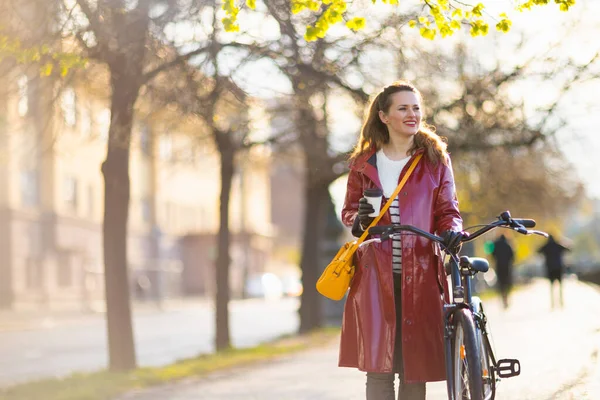 Sorrindo Elegante Mulher Meia Idade Casaco Chuva Vermelho Com Bicicleta — Fotografia de Stock