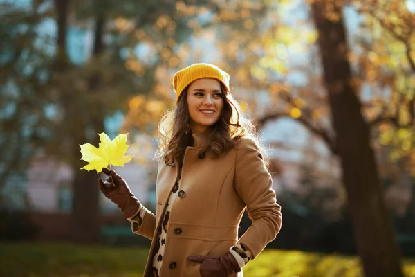 Hello November Happy Modern Middle Aged Woman Beige Coat Orange — Fotografia de Stock