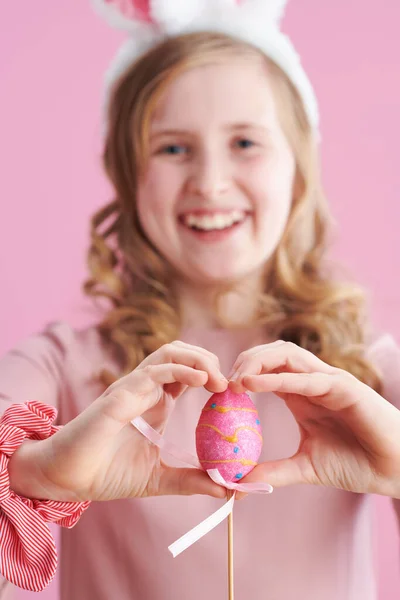 Closeup Smiling Modern Child Pink Dress Bunny Ears Easter Egg — Φωτογραφία Αρχείου