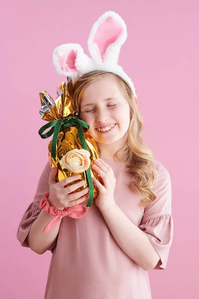 Smiling Modern Girl Long Wavy Blond Hair Bunny Ears Golden — Stock fotografie