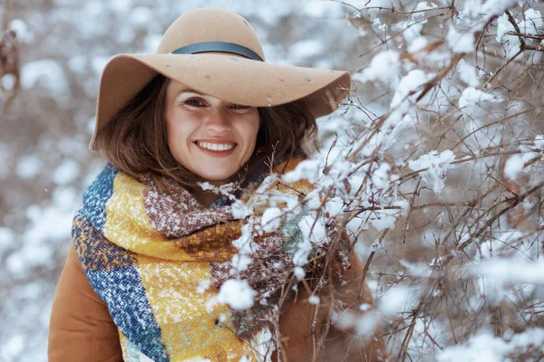 Portrait Happy Stylish Years Old Woman Brown Hat Scarf Outdoors — Stockfoto