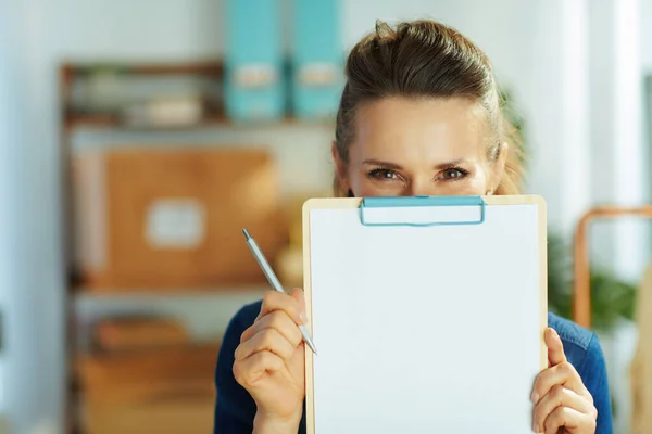 Modern Years Old Small Business Owner Woman Clipboard Office — Stock Photo, Image