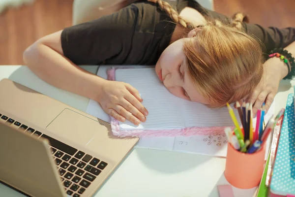 Tired Modern Child Grey Shirt Laptop Workbook Sleeping Home Sunny — Stock Photo, Image