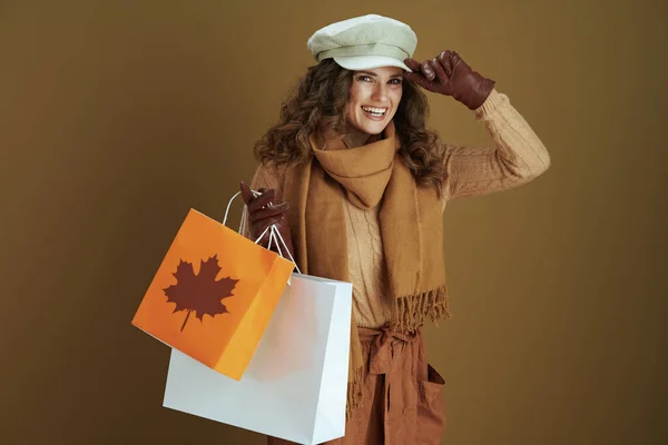 Hello Autumn Smiling Stylish Female Scarf Leather Gloves Paper Shopping — Stock Photo, Image
