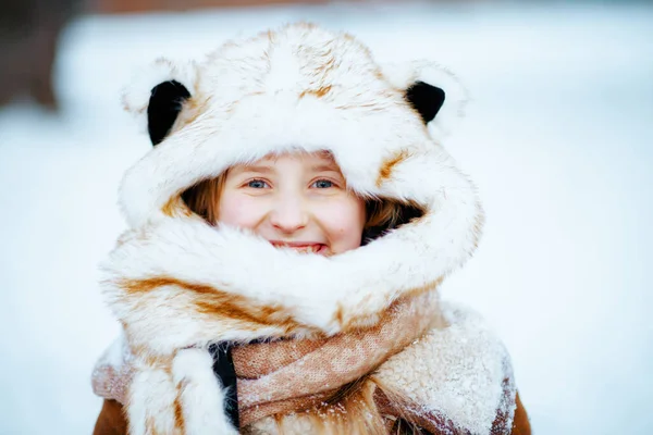 Portrait Smiling Stylish Girl Funny Fur Hat Ears City Park — Stock Photo, Image