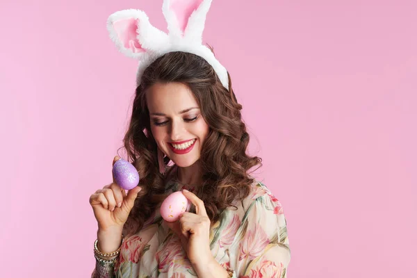 Young Woman Long Wavy Brunette Hair Bunny Ears Easter Egg — Foto Stock