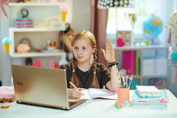 Modern School Girl Grey Shirt Laptop Workbook Having Distance Education — Stockfoto