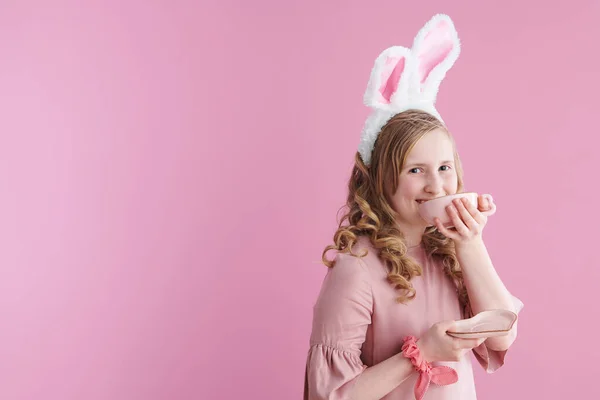 Happy Modern Child Long Wavy Blond Hair Tea Cup Bunny — Stockfoto