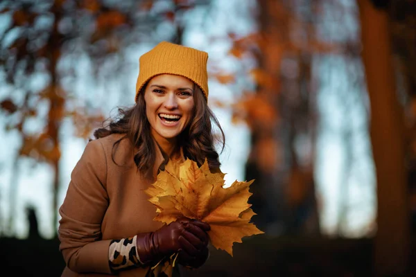 Hello November Smiling Elegant Years Old Woman Brown Coat Yellow — Stockfoto